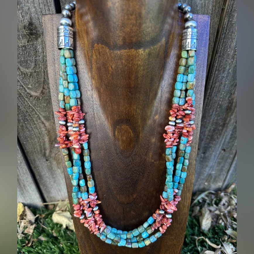 Sterling Silver Multi Strand Blue Green Turquoise Spiny Bead Necklace 24 Inch